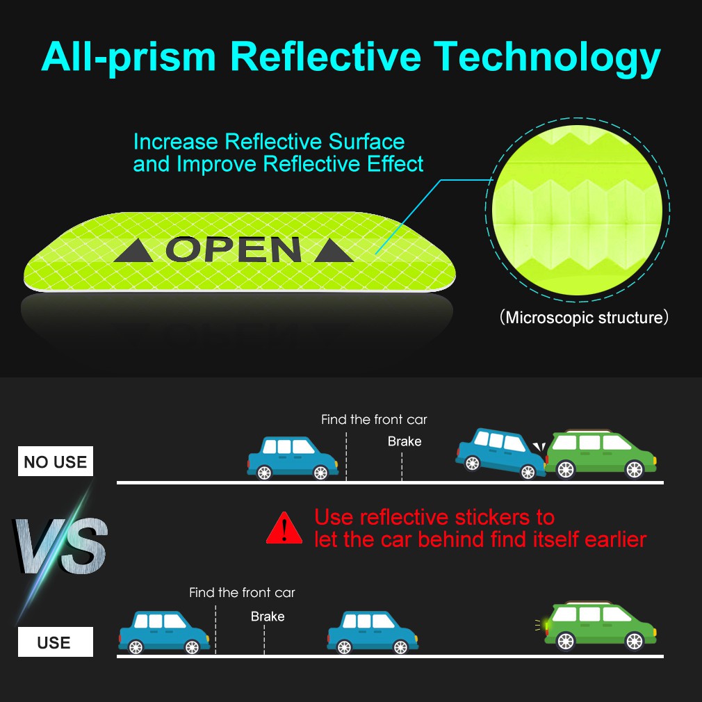 4pcs Stiker Reflektif Peringatan Open Reflektif Untuk Pintu Mobil Sepeda Diy