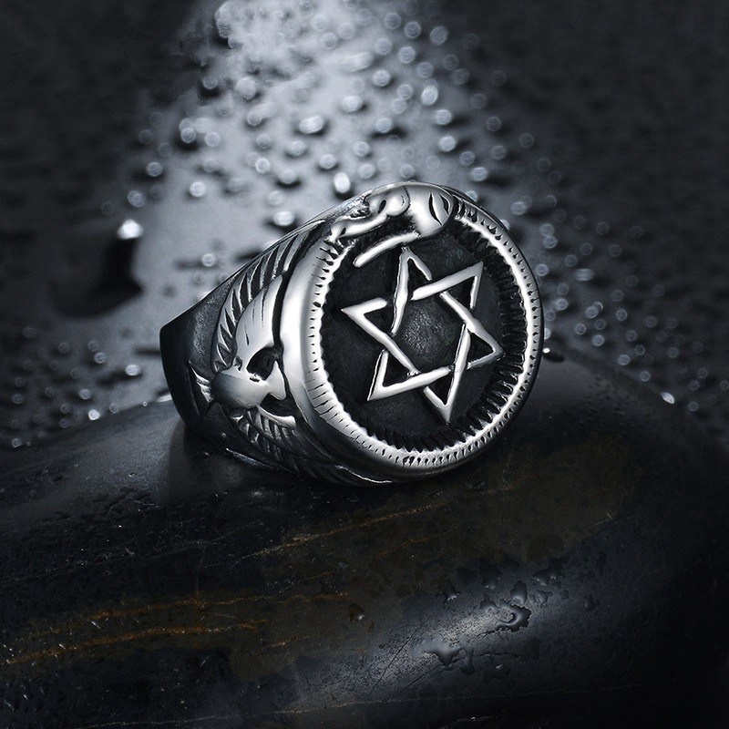 Fashion Stainless Steel Six-pointed Star Blessing Ring Jewelry