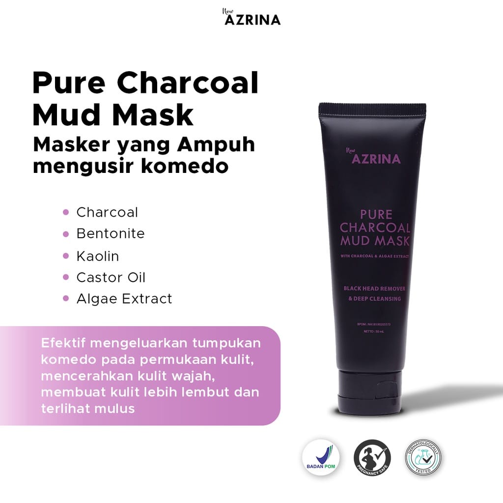 AZRINA MUD MASK 50ML CHARCOAL MASKER WAJAH PURE BEAUTY CLAY KOMEDO