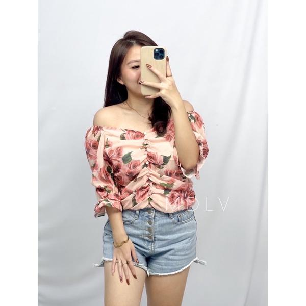 MDLV ~ 6692 Rosamund Ruched Top Crop Top Flower Korea Look Fashion import