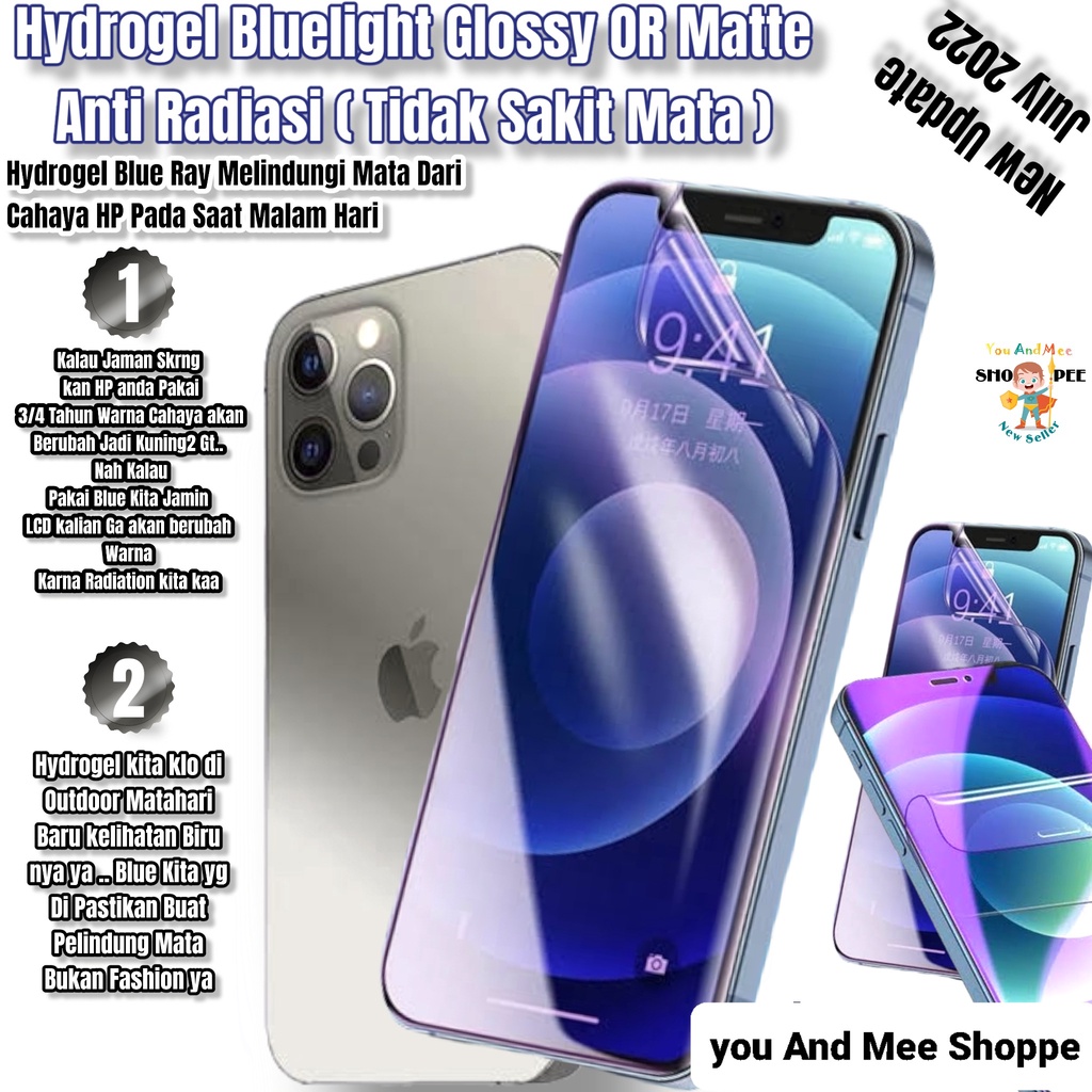 Hydrogel Anti RADIASI BLUELIGHT IPhone 13 13PRO 13PROMAX 13Mini 12 12PRO 12PROMAX 12 Mini SE3 2022 SE2 2020 SE 2016 A-Radiation Hidrogel Full Cover-Ful/Lapisan Nano-TPU Film-LIQUID Glass/Hydro Blue Light Ray Biru Matte PROMAX MAX PRO tidak Sakit Mata 2 3