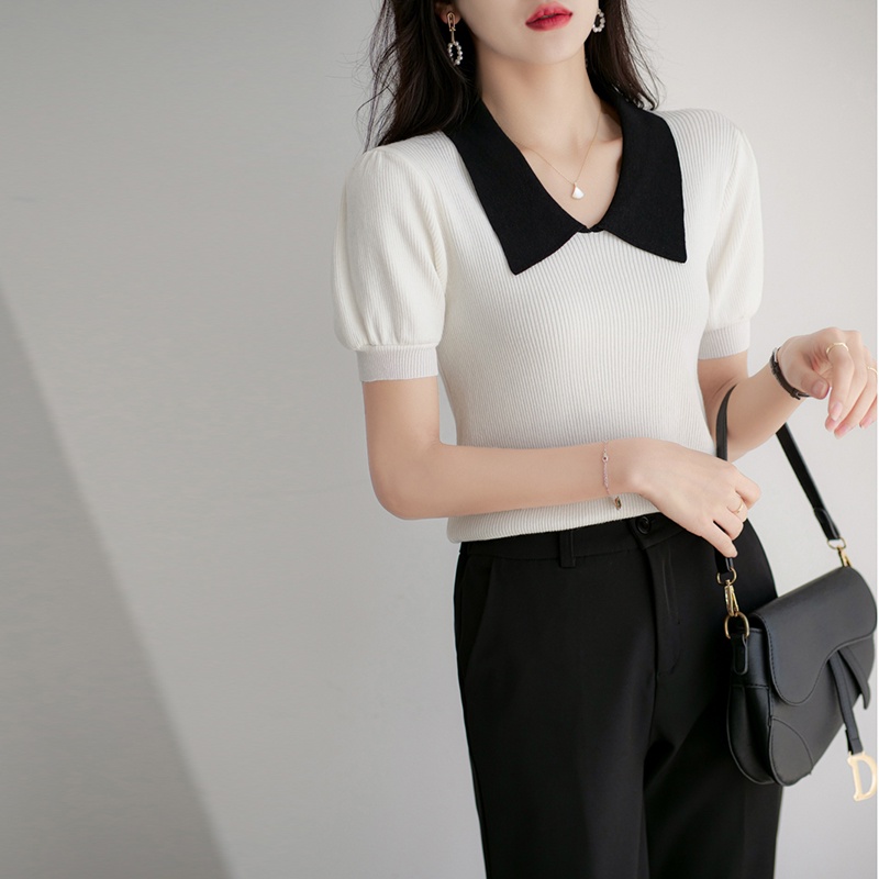 【Elegant】Summer Korean  Retro Soft Knit V Neck T-Shirt 7480