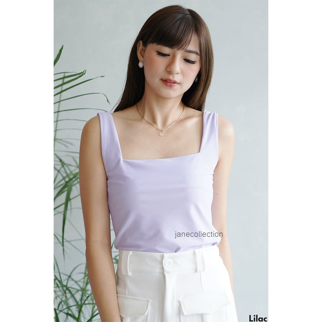 JANE COLLECTION || TankTop Korea Bahu Lebar Wanita Polos Crop Top Tengtop Square Neck Kamisol Tali Lebar Tank Top Adelia [ Hitam Putih Lilac Hijau Mint Baby Pink Light Grey Krem Cream Maroon Fuschia Navy ]