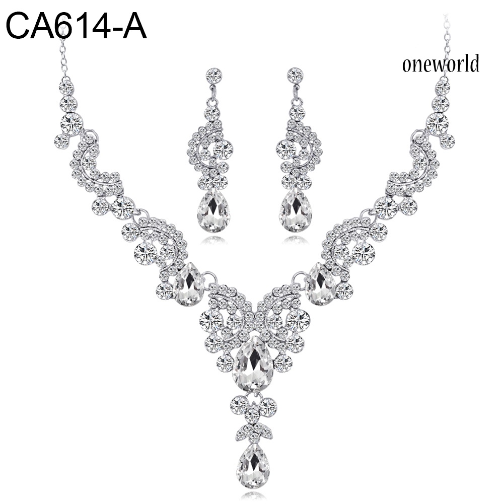 OW@ Women Jewelry Set Elegant Rhinestone Teardrop Pendant Wedding Necklace Earrings