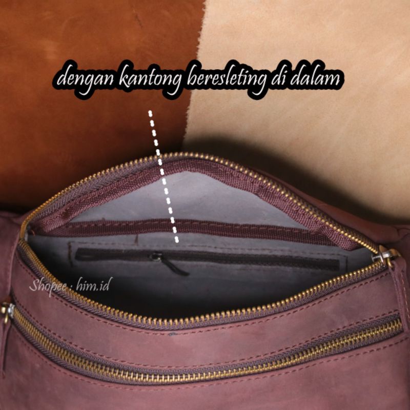 Waistbag tas kulit Resleting Ykk, tas pinggang kulit CH sapi asli tas dada