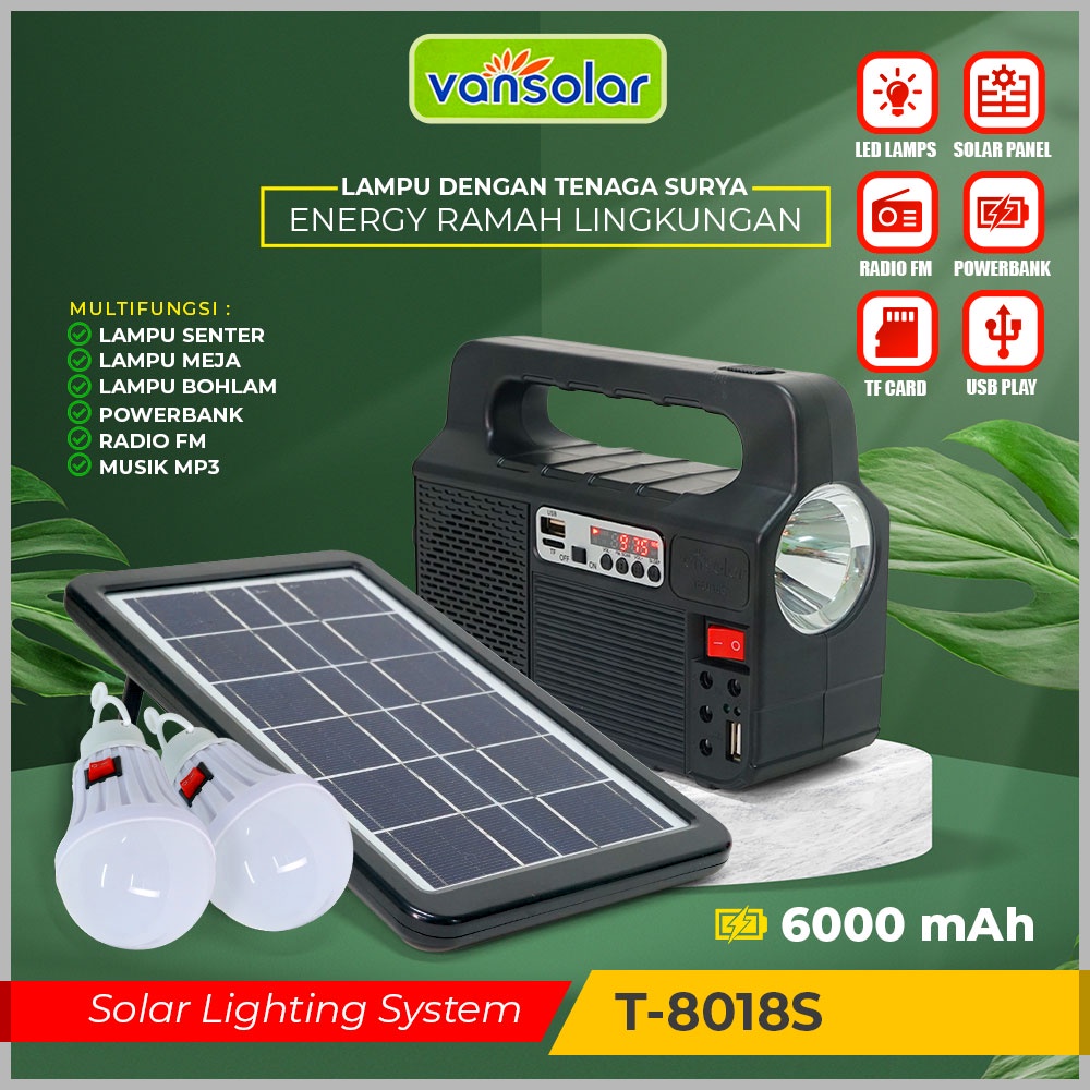 Advance Digitals Vansolar T-8018S Lampu tenaga Surya dan Speaker / Alat Camping Serba Guna / Lampu Camping / Speaker Powerbank I Hitam