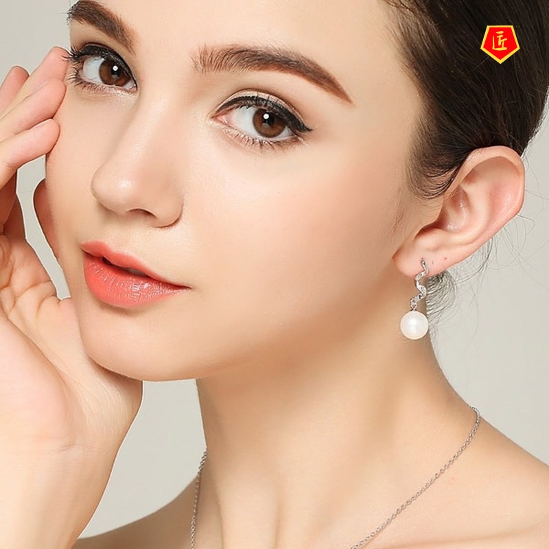 [Ready Stock]Natural Pearl Wave Pattern Silver Stud Earrings Long Simple