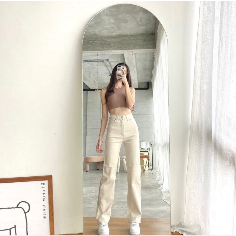 (27-30) BABY CREAM HW STRETCHY LOOSE JEANS / BEIGE HW STRETCH LOOSE JEANS / CELANA HIGHWAIST LOOSE JEANS WANITA CEWEK