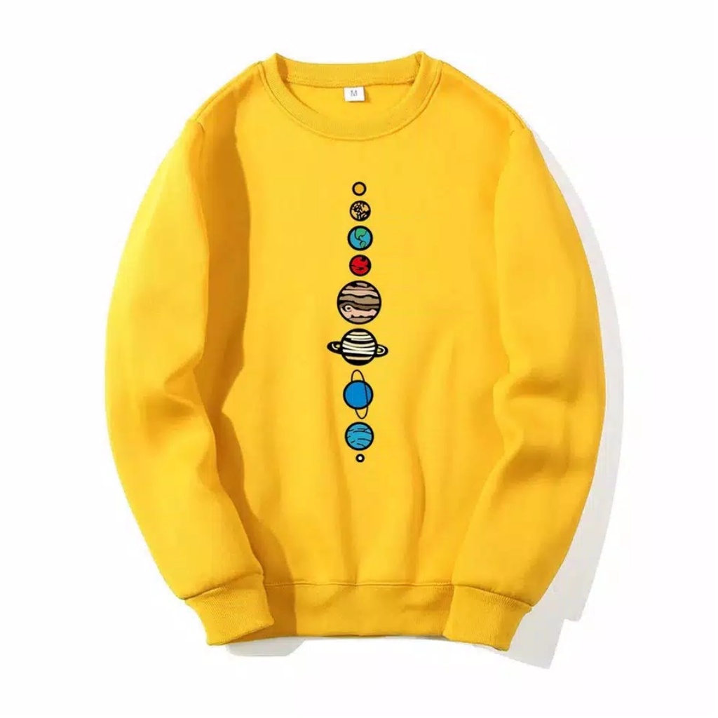 Planet Design Sweater Switer Crewneck All Size / Bahan Fleece / Wanita Pria Warna Hitam Kuning Cream