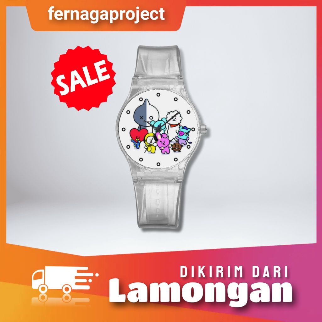 PROMO Jam Tangan Wanita BT21 BTS Analog Jelly Transparan non Led anti air gaya Kekinian Terbaru harg