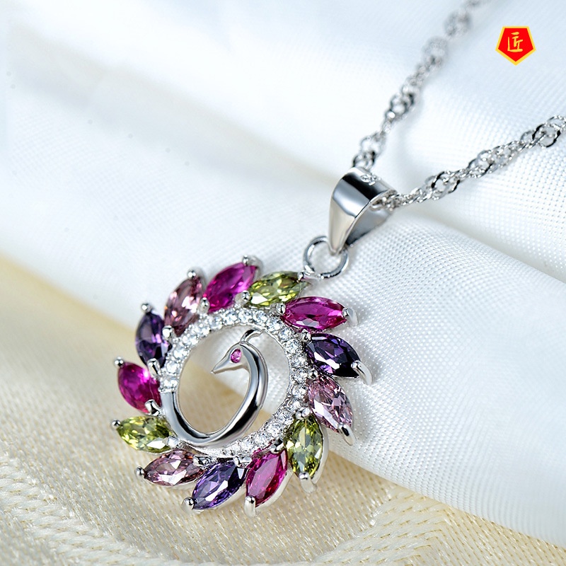 [Ready Stock]Colorful Gem Peacock Pendant Silver Necklace Graceful Personality