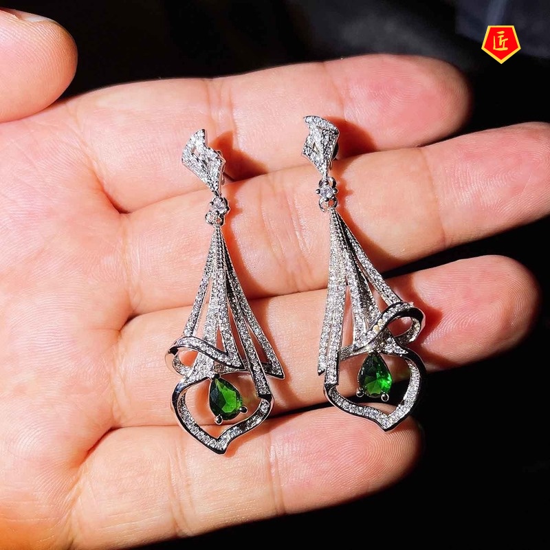 [Ready Stock]Luxury Natural Emerald Full Diamond Skirt Earrings