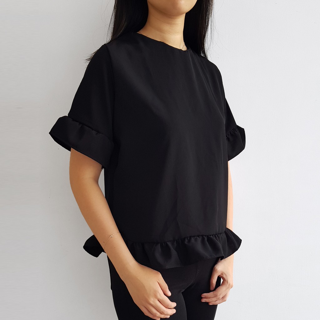[ClothME] Chelsea baju top atasan blouse wanita rufle rufles ruffles hitam putih abu monochrome