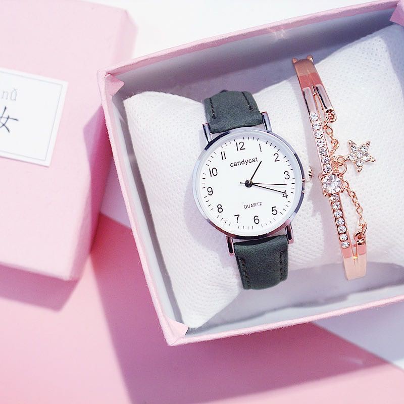 [COD] Jam Tangan Import Gaya Korea Jam Tangan Quartz Analog Casual Gaya Retro Wanita Korea Strap PU Cantik-Candy cat hijau