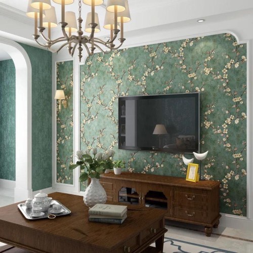 Wallpaper Dinding Murah / Wallpaper Sticker Bunga Sakura Dasar Hijau / 45cm x 9-10m