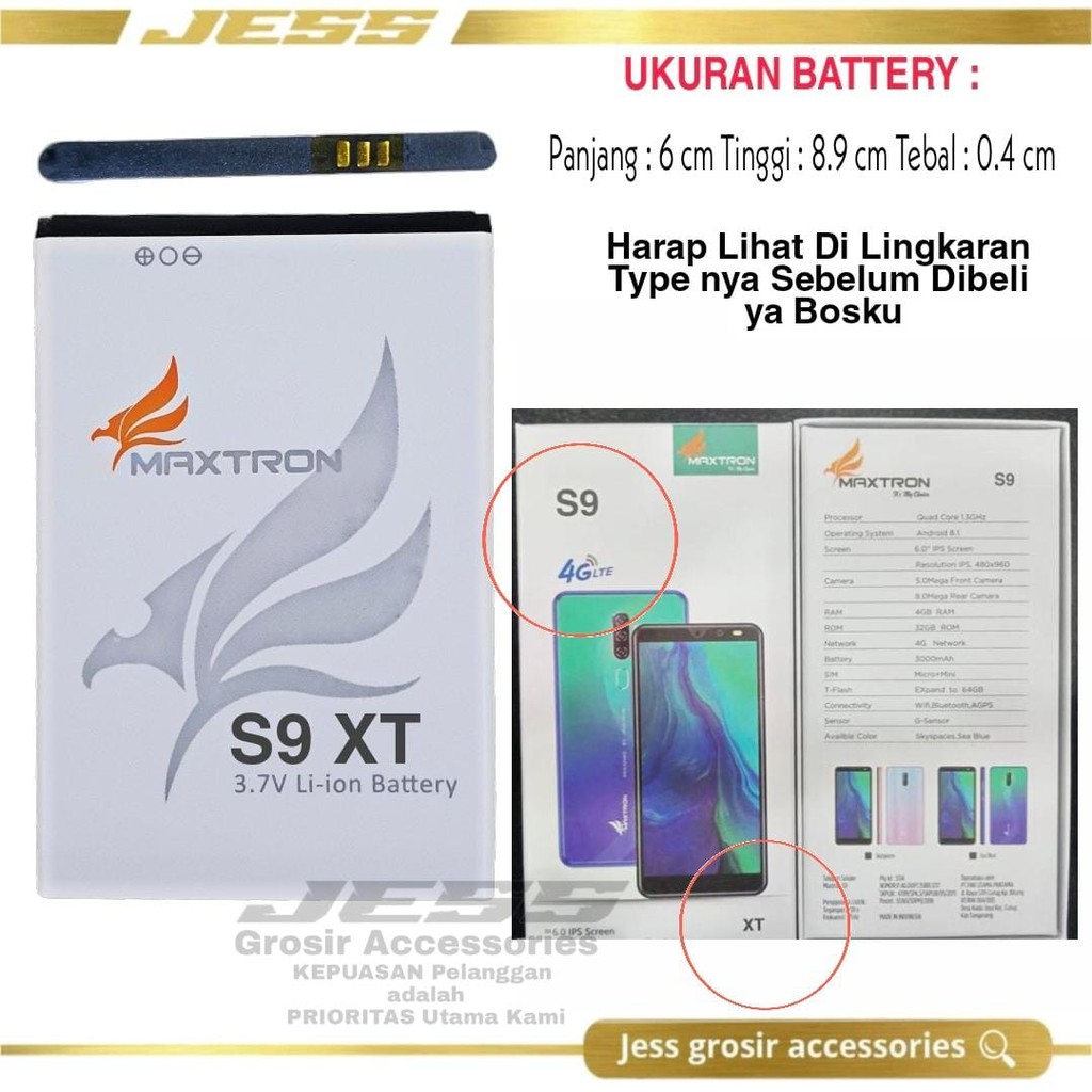 Baterai Original MAXTRON S8 JET ONE / X2 , S9 XT 4G LTE ukuran Battery P 6.0 cm T 8.9 cm L 0.4 cm