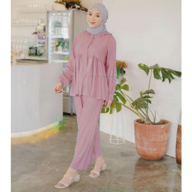 one set popy rayon viscose setelan wanita lengan penjang