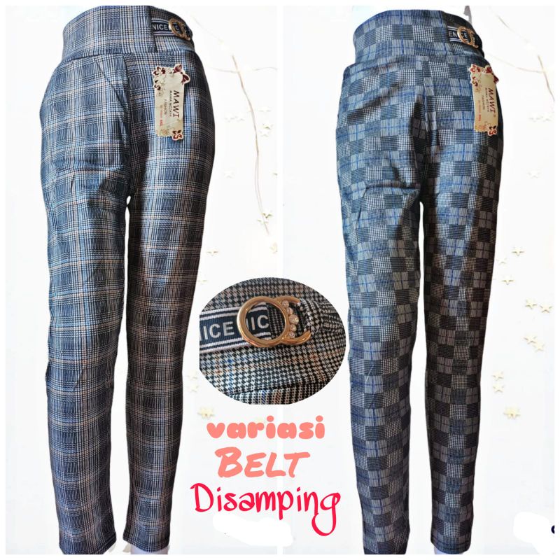 Celana panjang wanita kotak-kotak variasi belt / Celana  kotak-kotak wanita import
