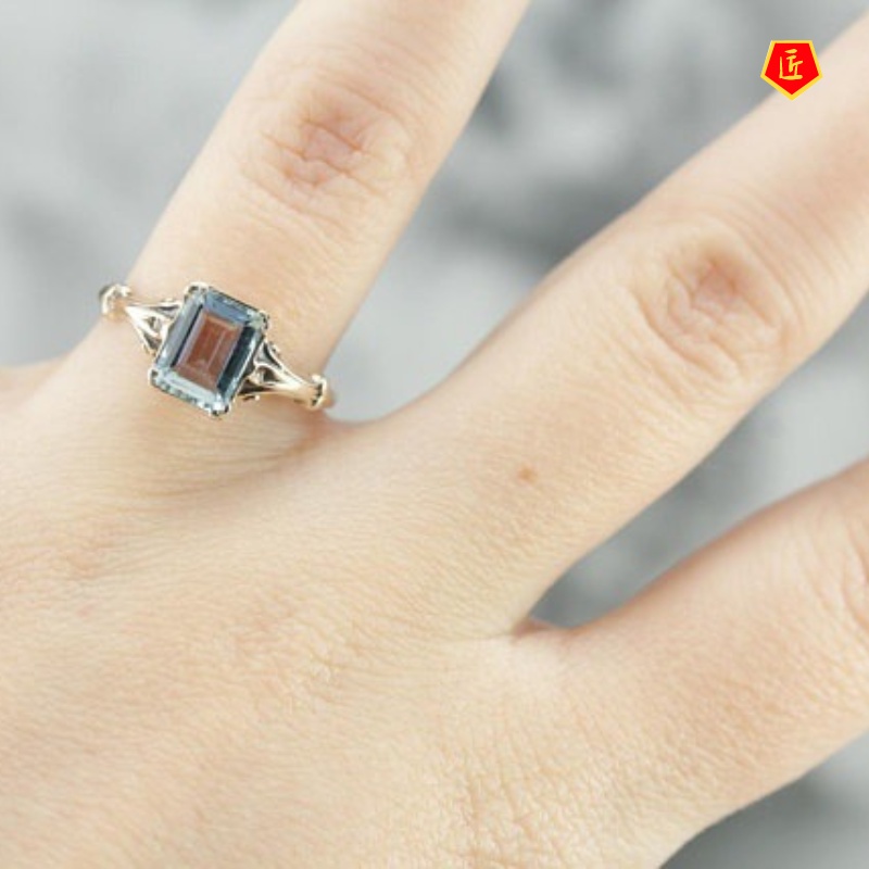 [Ready Stock]Women's Retro Classic Heart-Shaped Sea Blue Topaz 14K Gold Ring