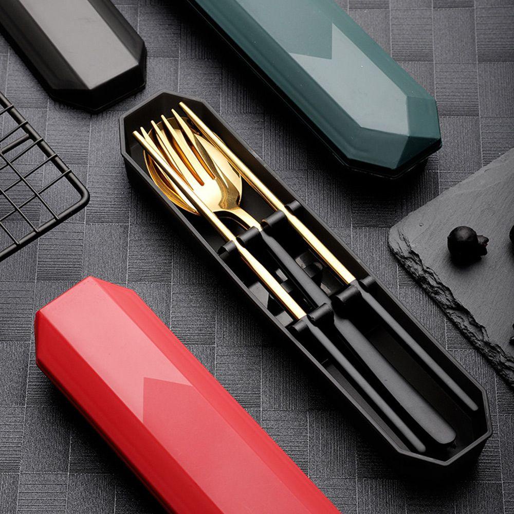 Solighter Sendok Garpu Set Aksesoris Dapur Makan Siang Reusable Stainless Steel Dengan Kotak Peralatan Makan