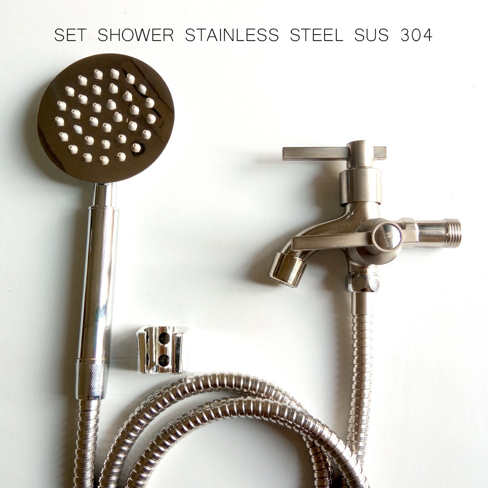 Paket Shower Stainless Bulat Pancuran Air Deras + Kran Cabang Shower Stainless 1/2 inch