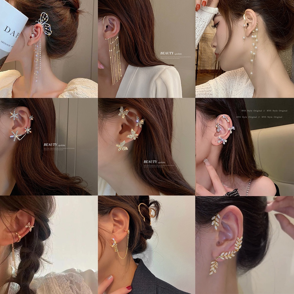 YEEZII Anting Kait Gantung Desain Kupu-Kupu + Daun + Kristal + Mutiara Warna Gold / Silver Untuk Wanita