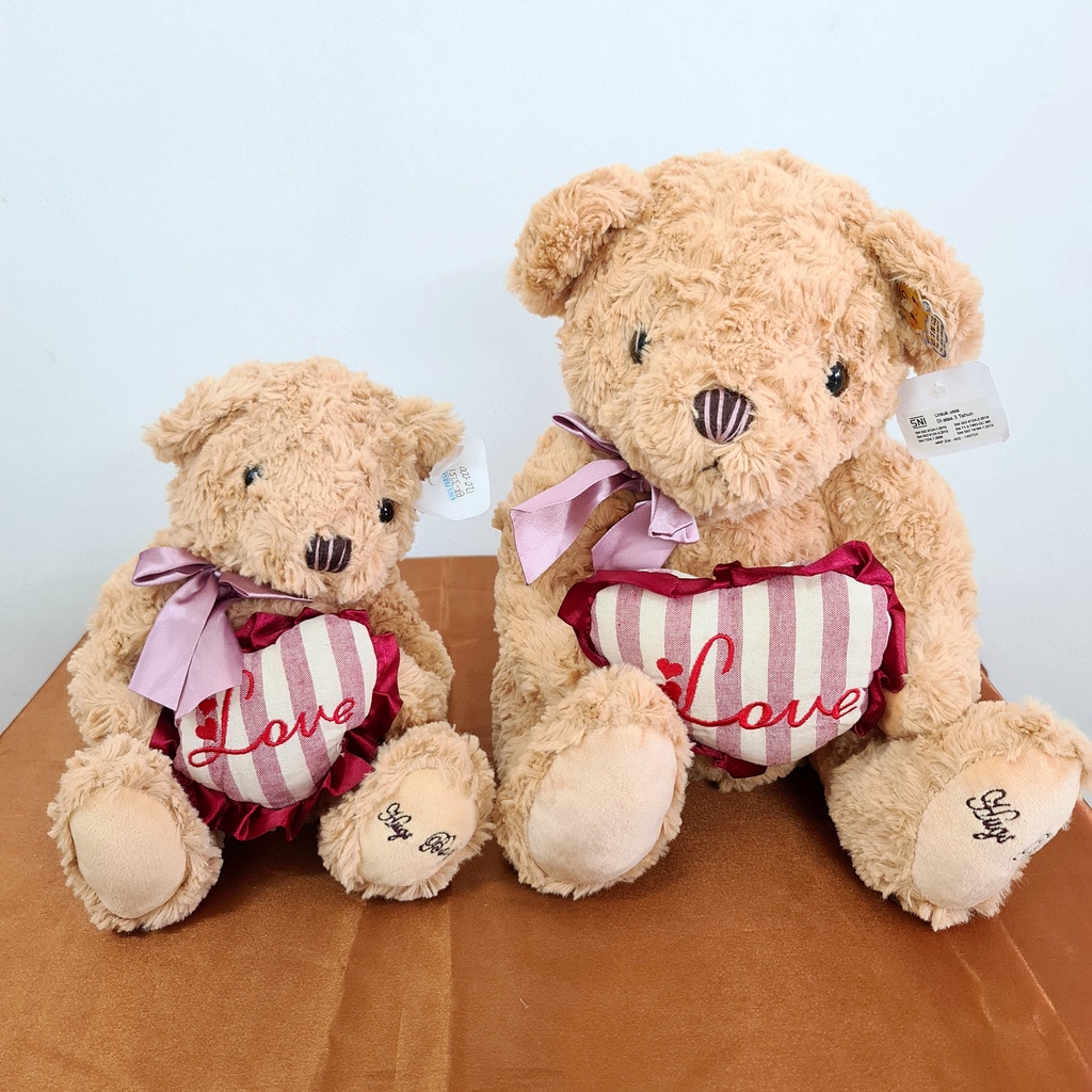 Boneka Beruang Teddy Bear Besar Kecil Love Pita 23 dan 33 cm Putih/Coklat/Coklat Tua