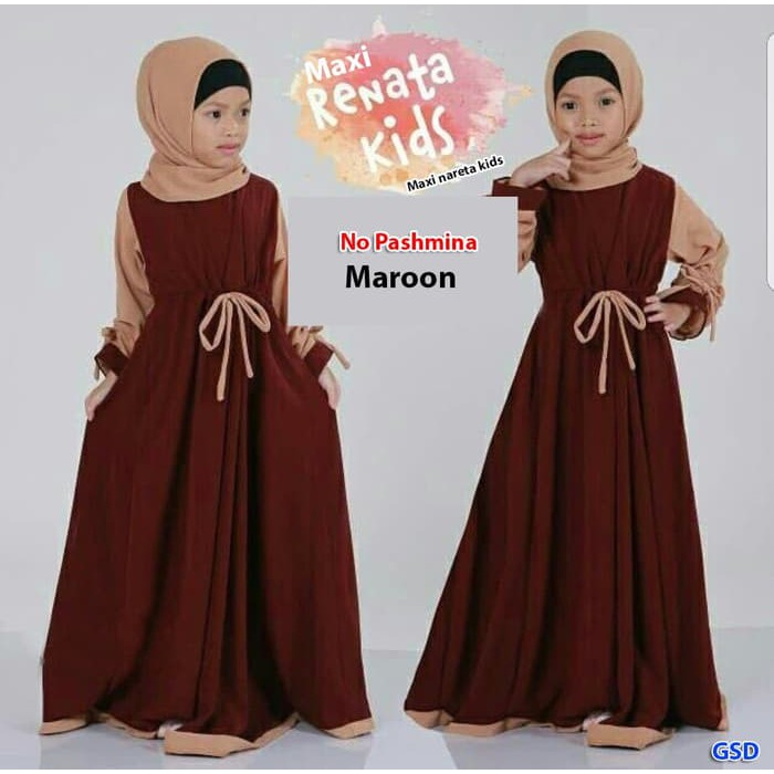 maxi renata kids marun/baju maxi anak/baju gamis anak/baju muslim anak - Maroon