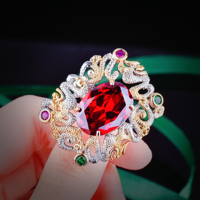 Cincin Geometris Bentuk Oval Kubik Zirkonia Warna Merah Gaya Vintage Klasik Untuk Wanita