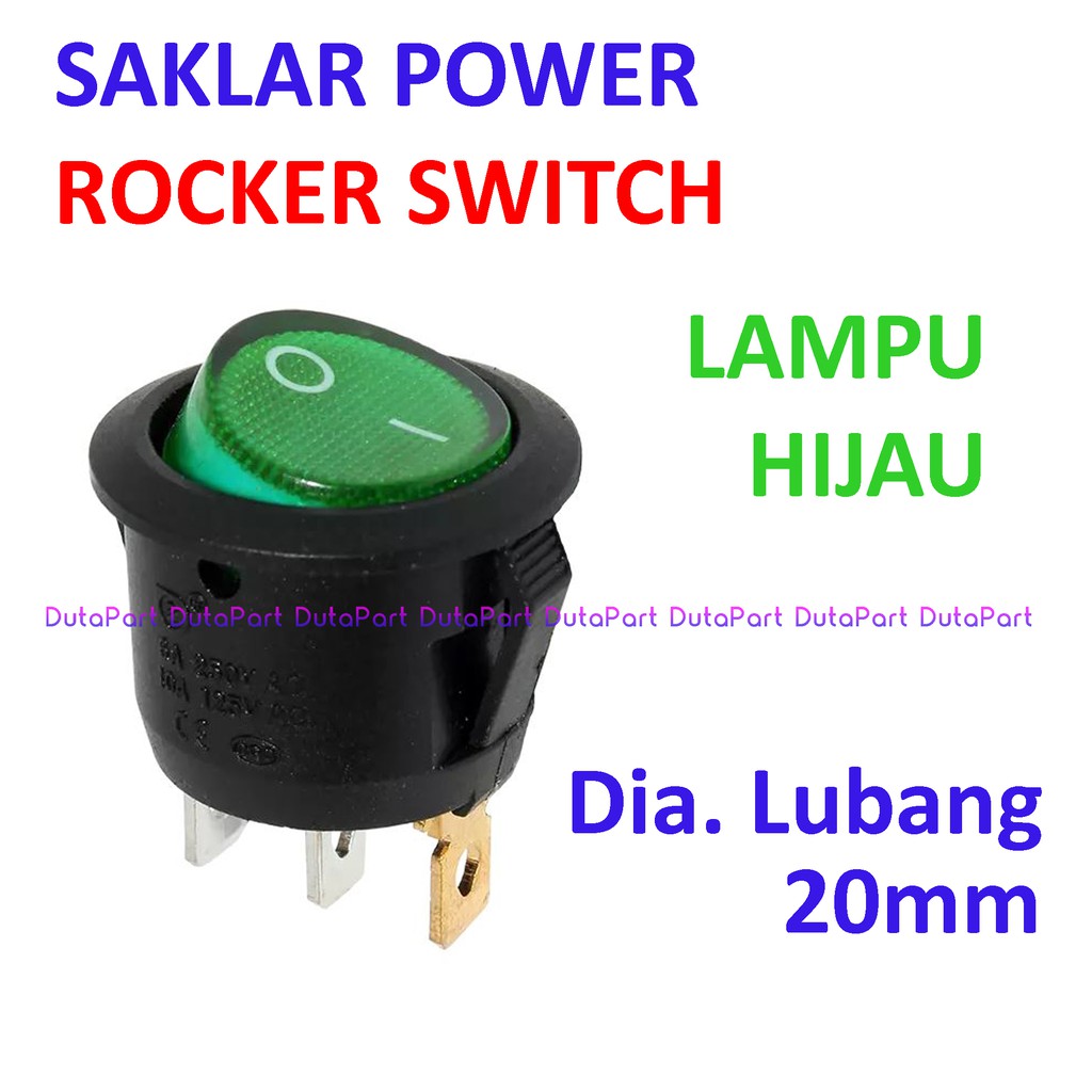 Saklar Power Bulat Rocker Switch LAMPU HIJAU ON OFF Dia20mm 3 PIN Kaki