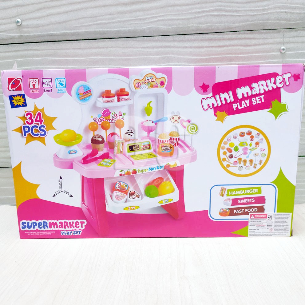 Supermarket Play Set Mainan Cash Register Mini Market Mesin Kasir Lampu &amp; Suara Permen Fast Food