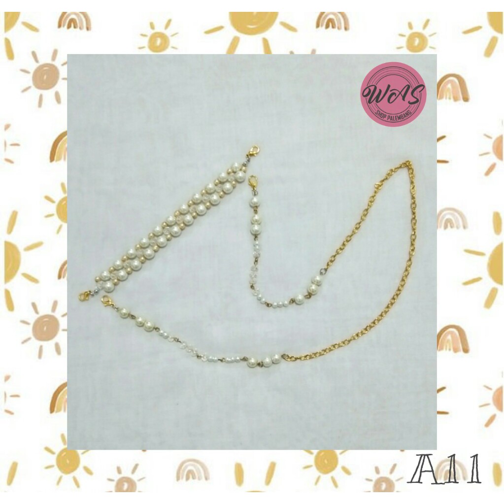Strap Masker & Konektor Masker / Mutsin 4mm 8mm / Handmade / Mutiara Putih & Gold / Kristal Putih