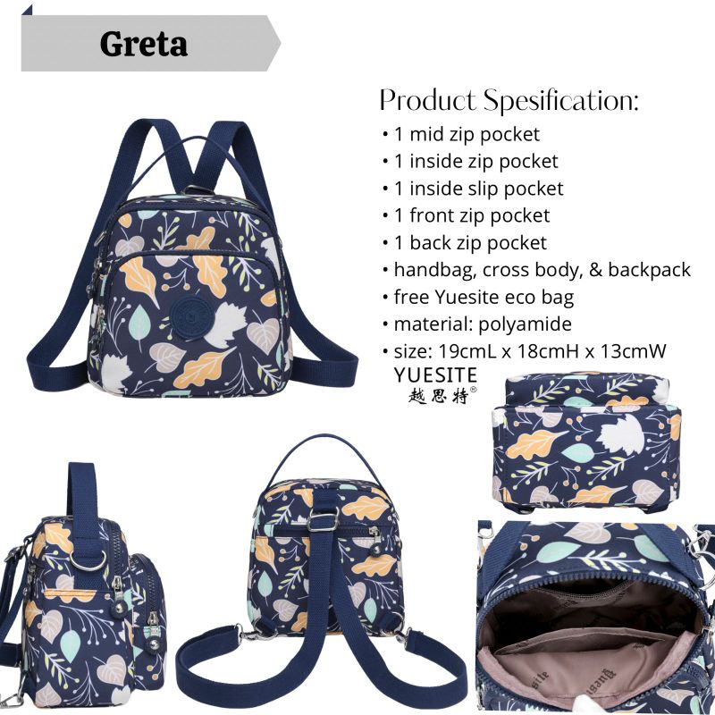 YUESITE GRETA ORIGINAL TAS WANITA 3in1 TENTENG SELEMPANG RANSEL KECIL SMALL CYUTEBAGS