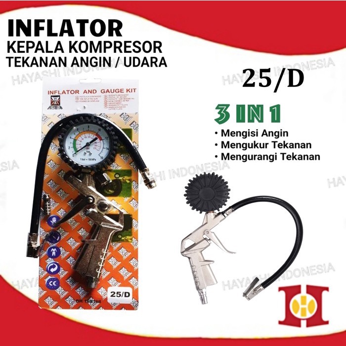 Inflator Pompa Angin Ban Kompresor Alat Pengukur Tekanan 3 Fungsi