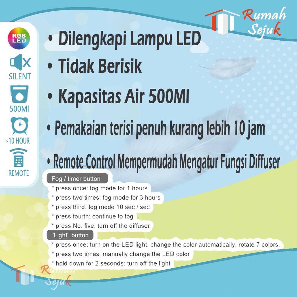 RS - Air Humidifier Diffuser Aromaterapi Alat Pengharum Ruangan Difuser Disfuser Unik Lucu RS-H34 Humdifier Purifier Difusser Defuser Humidifer Humadifier Humudifier Dispuser Humifider Portable Mobil Car Uap Hiasan Kamar Lampu LED Free Gratis Oil