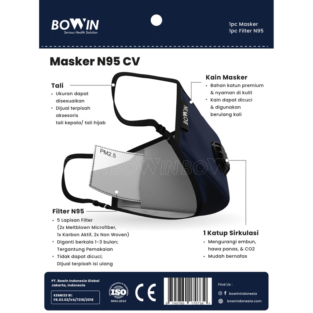 Bowin Masker N95 CV (Masker Kesehatan / Masker Polusi / Masker Motor / Masker Virus)