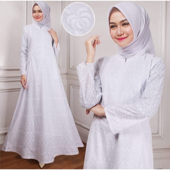 GAMIS KATUN PUTIH WANITA UMRAH DAN HAJI MOTIF MELATI / BUSANA MUSLIM WANITA