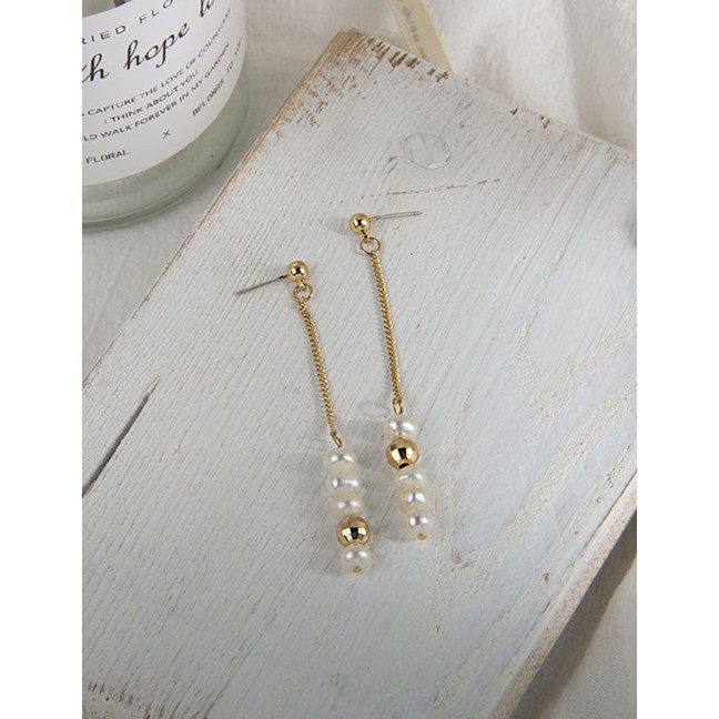 LRC Anting Tusuk Fashion Golden Pearl Alloy Round Bead Chain Earrings K25086