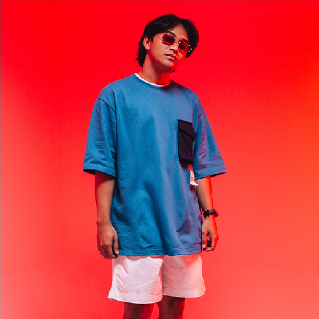 FROYONION Heavy Cotton Pocket Tag Oversized T-Shirt CLARITY - Blue