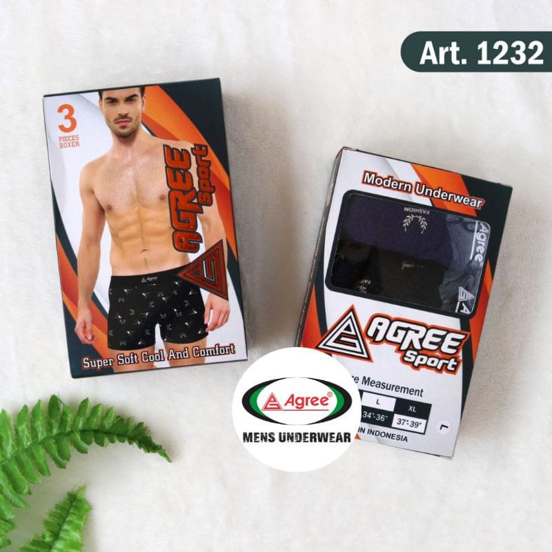 3 Pcs - Celana Boxer Agree Sport 1232 Motif Pria Dewasa - CD Laki Laki Pakaian Dalam Underwear Open Pendek ABG Remaja Katun Halus Adem FFF