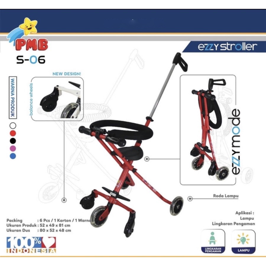 Stroller Anak PMB TOYS S06 Ezzy Kereta Dorong Bayi dan Balita Roda Lima Mode Portable SNI-6