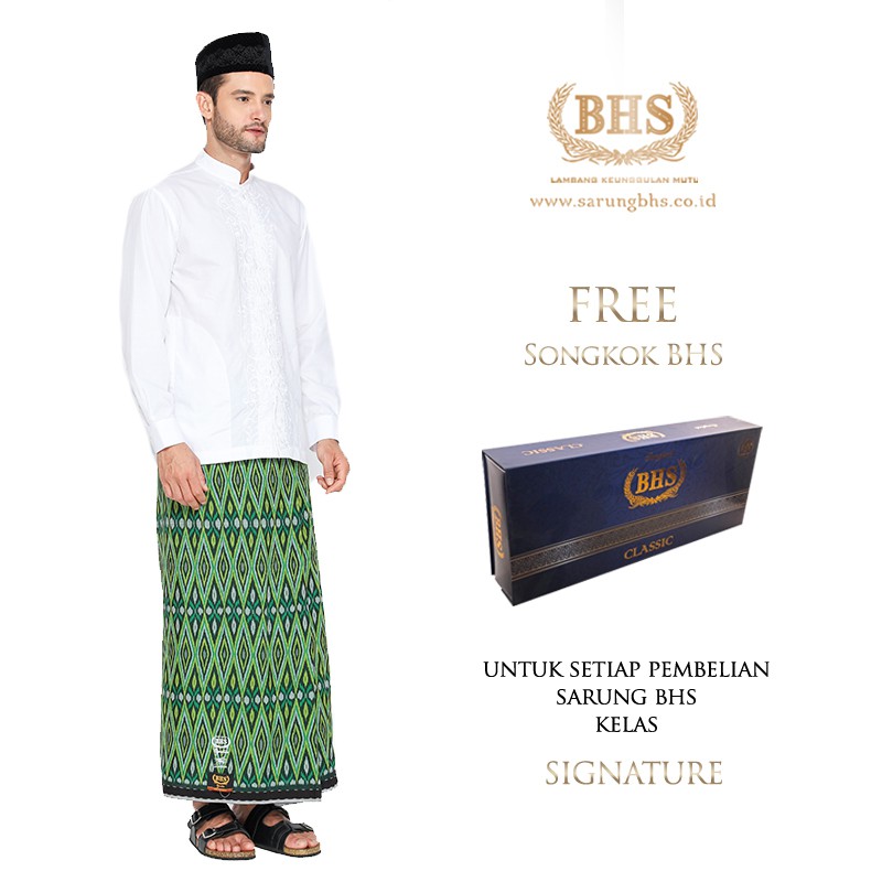 Sarung BHS Signature Gold Motif Kawung Tumpal Dua Warna Hijau