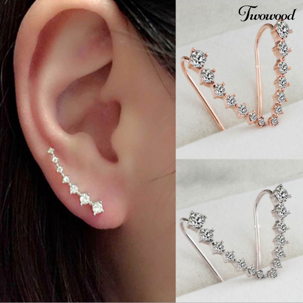 Twowood 1 Pair Women Ear Studs C Shape Rhinestone Jewelry Shiny Korean Style Stud Earrings for Dating