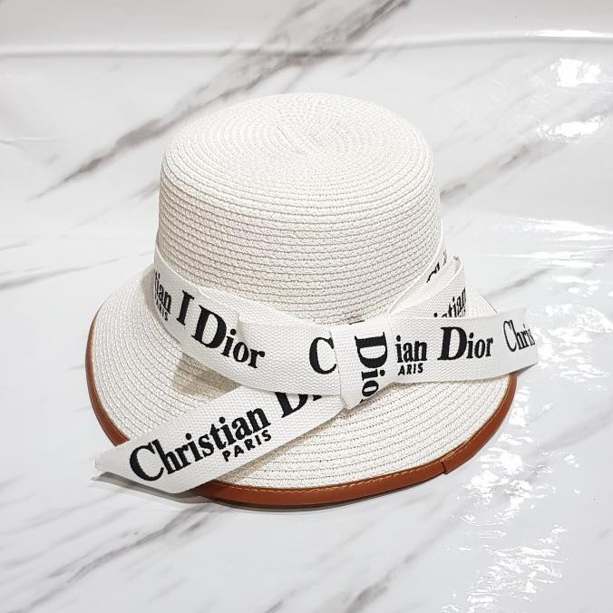 Topi Pantai Christian Dior Leather Lis Tip Import - Putih