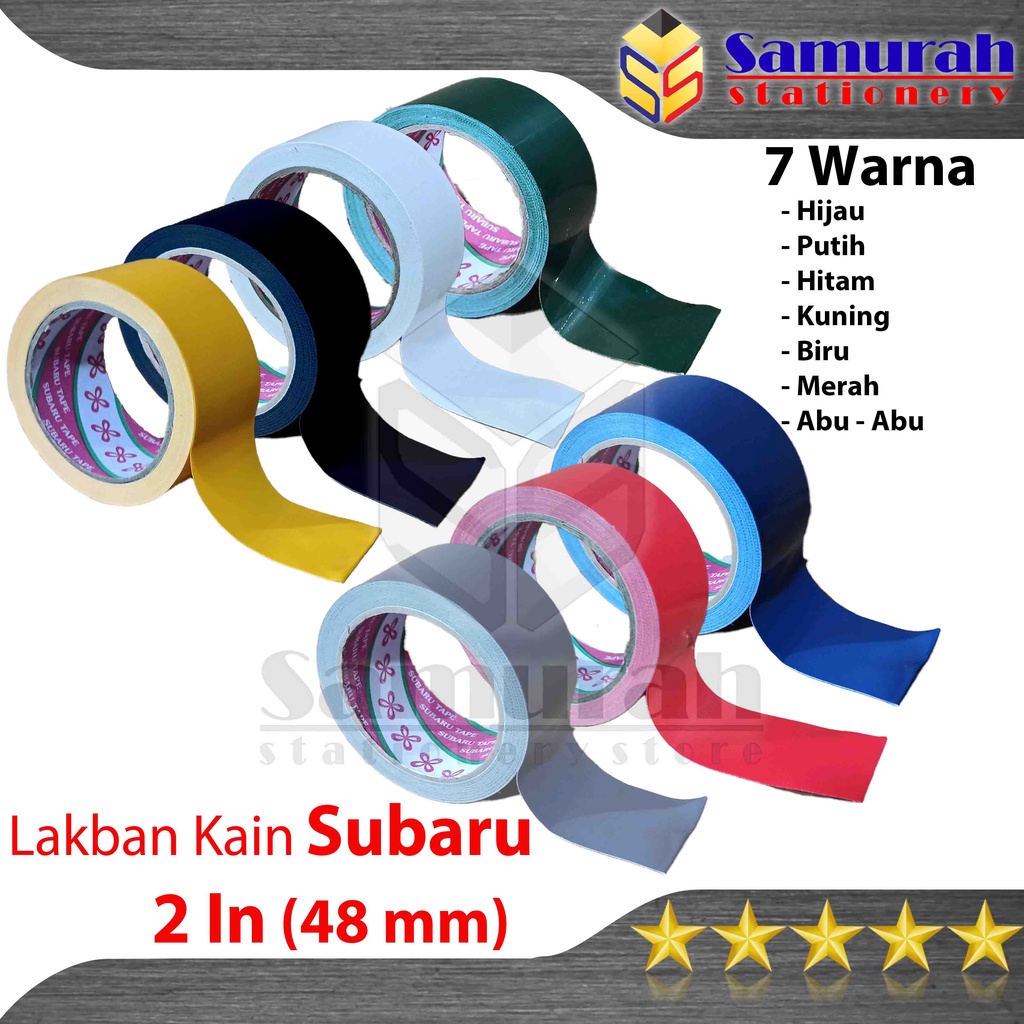 

Lakban Kain Subaru 48 mm x 12 Meter Warna - Warni / Cloth Tape 2" inch Colour / 2 In Plakban Jilid Perekat Warna Hijau - Putih - Hitam - Kuning - Biru - Merah - Abu -Abu