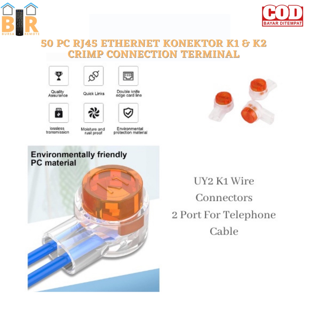 isi 50pcs K1 Wire Connectors Waterproof 2 Port untuk sambung kabel telepon dan internet