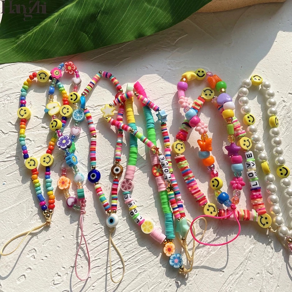 QUINTON Ins Trendy Mobile Phone Straps Colorful Soft Pottery Rope Cell Phone Lanyard Mobile Phone Chain Pearl Anti-Lost Acrylic Bead Smile Handmade Smiling Beads Chain