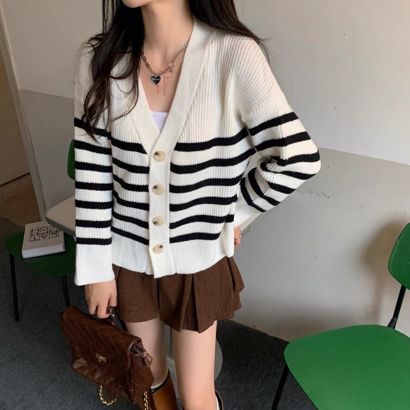 KNIT TOP STRIP CARDIGAN IMPORT WANITA LONG SLEEVE JACKET MX206