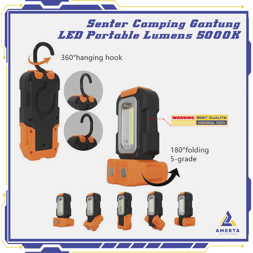 Senter Camping Lampu LED Portable Gantung + Magnet COB 200 Lumens 5000K TaffLED  - CB601 - Orange