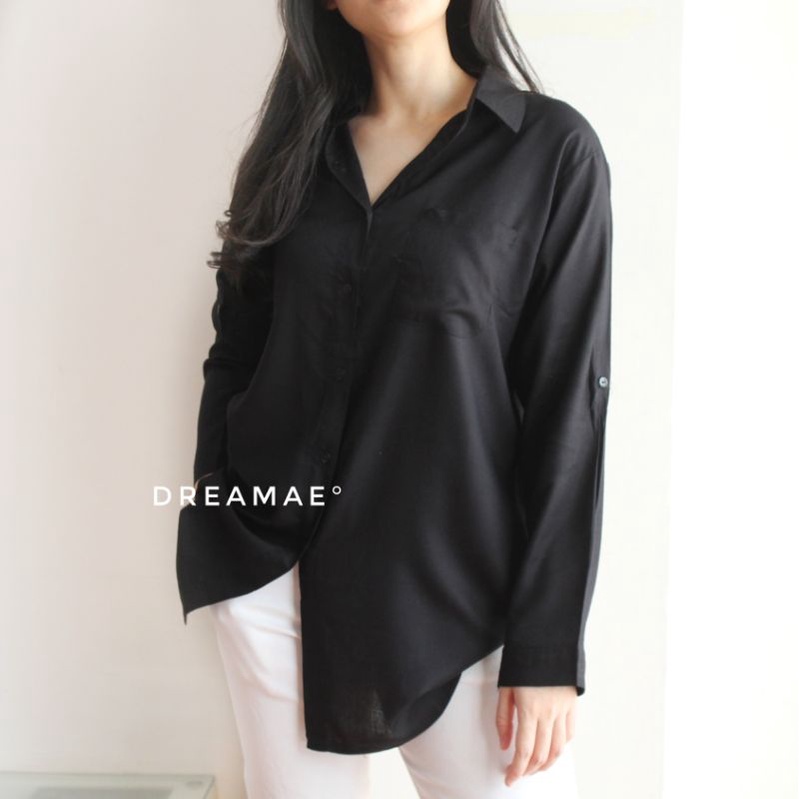 JUMBO Kemeja hem blouse wanita cewek polos warna putih atasan tangan panjang